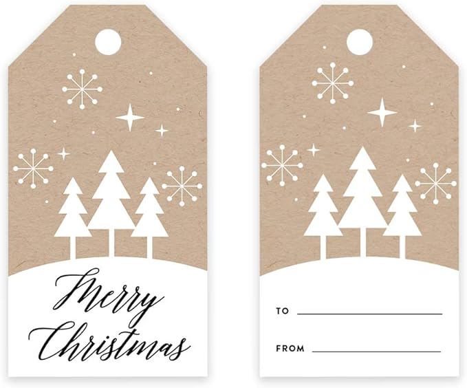 Andaz Press Christmas Holiday Season Classic Gift Tags, Merry Christmas to from Classic Favor Tags, Kraft Brown with Minimal Christmas Tree Design, for Holiday Events, Parties, and Favors, 60-Pack