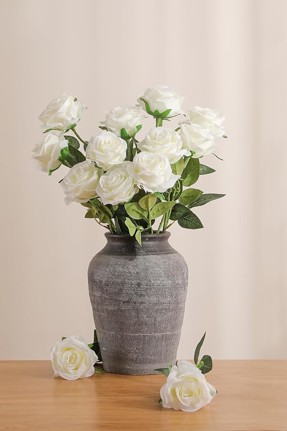 Luyue 10PCS Artificial Roses Flower with Stems Slik Fake Flowers Bouquet Realistic Long Stem Faux Rose for Wedding Home Decor