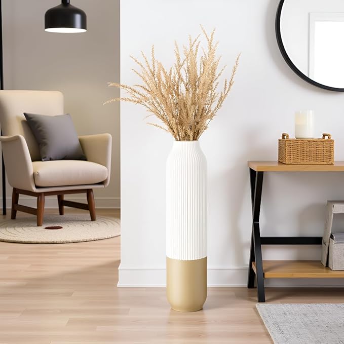 Tall Floor Vase, 23.6 inches (60cm) Tall Vases Sturdy, Luxury, Textured for Decorative Branches Dried Flowers, Floor Vase for Rustic, Living Room, Shelf Decor, Resin White