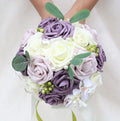 Lightweight Bridal Wedding Bouquet Round Holding Bouquet Throw Toss Artificial Rose Flower Bunch for Bride Bridesmaid Wedding Quinceanera (Cream, Deep Taro & Light Taro, 9.1")