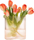 Glass Vase for Centerpieces,Modern Large Vase for Flowers,Footprint Shape Striped Bottle for Home,Office Restaurant Desk Decor 8.3 Inch(Pink)