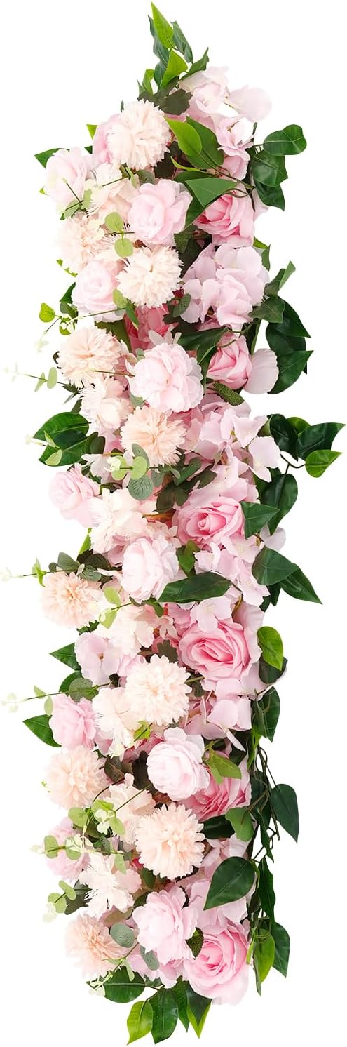 TFCFL Artificial Flowers Row, 39.5" X 12" Wedding Arch Faux Floral Swags, 3D Flower Panels Arrangement, DIY Wall Backdrop for Wedding Party Table Runner Decoration (Pink)