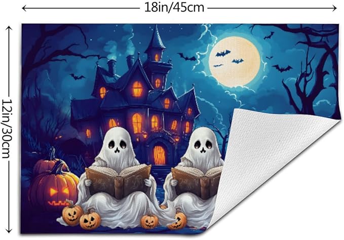 PVC Placemats Set of 4 Wipeable Table Mats Washable Heat Resistant Non Slip Vinyl Dining Table Mat for Kitchen Indoor Outdoor Patio Farmhouse Place Mats Halloween Pumpkin Ghosts Castle Decorative