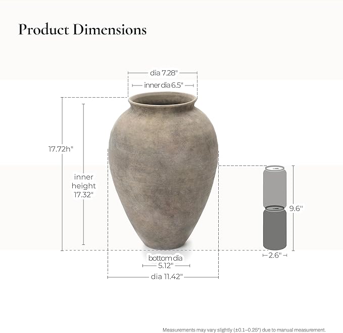 LuxenHome Rustic Ceramic Floor Vase, 17.7" Tall Terracotta Pot with Earthy Gray-Brown Finish, Vintage Pottery Large Vases for Decor Living Room, Farmhouse Flower Vase for Entry Way Table Home Decor