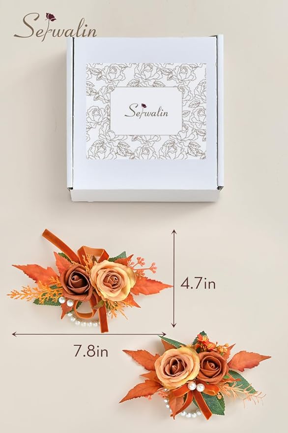 Serwalin 𝗦𝗲𝘁 𝗼𝗳 𝟮 Wrist Corsage for Wedding, 𝟲-𝟳 𝗜𝗻𝗰𝗵 Corsages for Bridesmaid Mother Grandmother, Artificial Flowers for Prom Ceremony Anniversary Cake Topper (Orange)