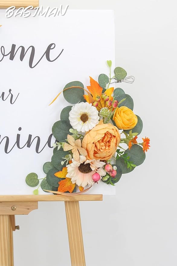 2pcs Wedding Arch Flowers,Wedding Welcome Sign,centerpieces for Tables,Reception Backdrop Table Decorations Welcome Sign (Dark Orange)