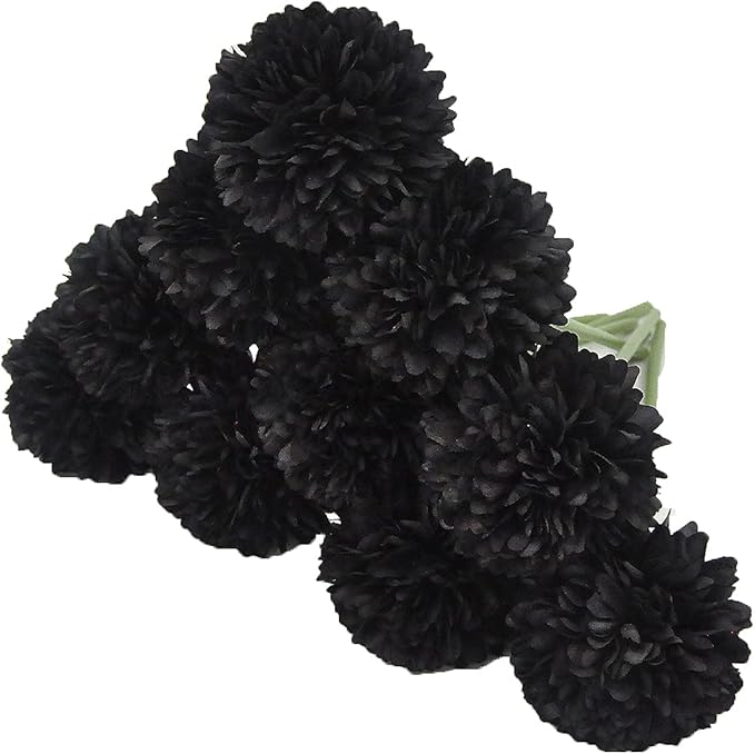 10Pcs Artificial Fake Flower Plants Silk Chrysanthemum Ball Hydrangea Arrangements Wedding Bouquets Decor Home Kitchen Garden Party Table Floral Centerpieces DIY (Black)