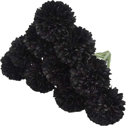 10Pcs Artificial Fake Flower Plants Silk Chrysanthemum Ball Hydrangea Arrangements Wedding Bouquets Decor Home Kitchen Garden Party Table Floral Centerpieces DIY (Black)