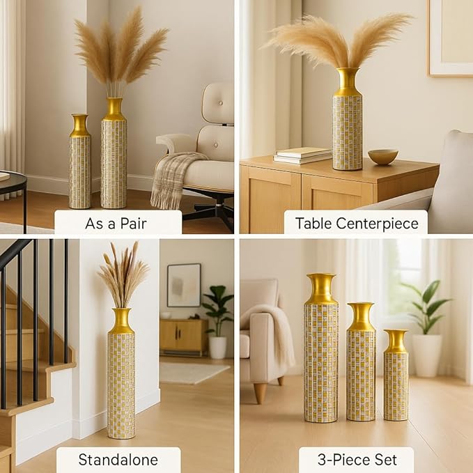 Leewadee Set of 3 Large Floor Vases – Decorative Tall Metal Vases in Gold White (30/24/20 inches) – Elegant Home Decor for Stylish Interiors