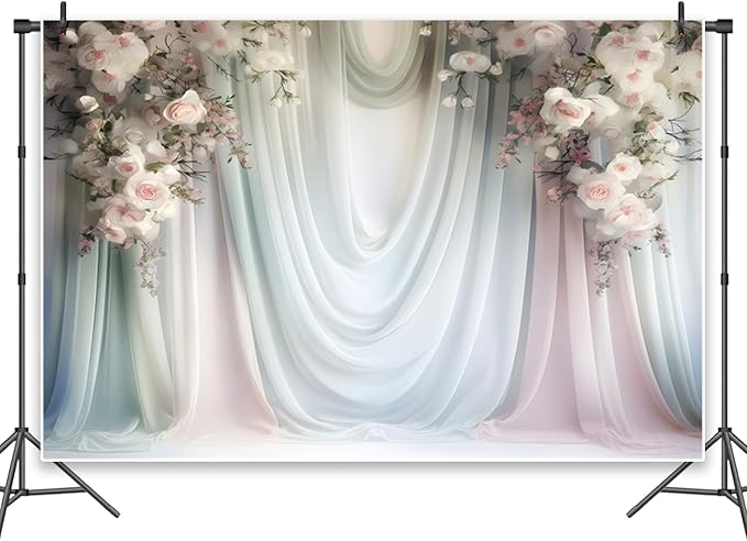 Leowefowa Floral Backdrop for Wedding Decor Pink Rose Flower White Curtain Wall Photography Background for Baby Shower Wedding Anniversary Ceremony Party Decorations Banner Studio Props 9x6ft Vinyl