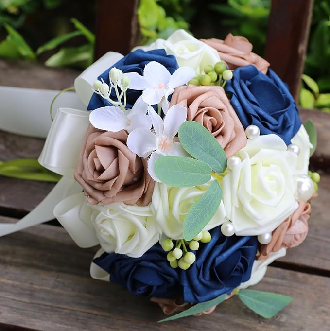 Lightweight Bridal Wedding Bouquet Round Holding Bouquet Throw Toss Artificial Rose Flower Bunch for Bride Bridesmaid Wedding Quinceanera (Cream, Navy & Rosy Brown, 7.9")
