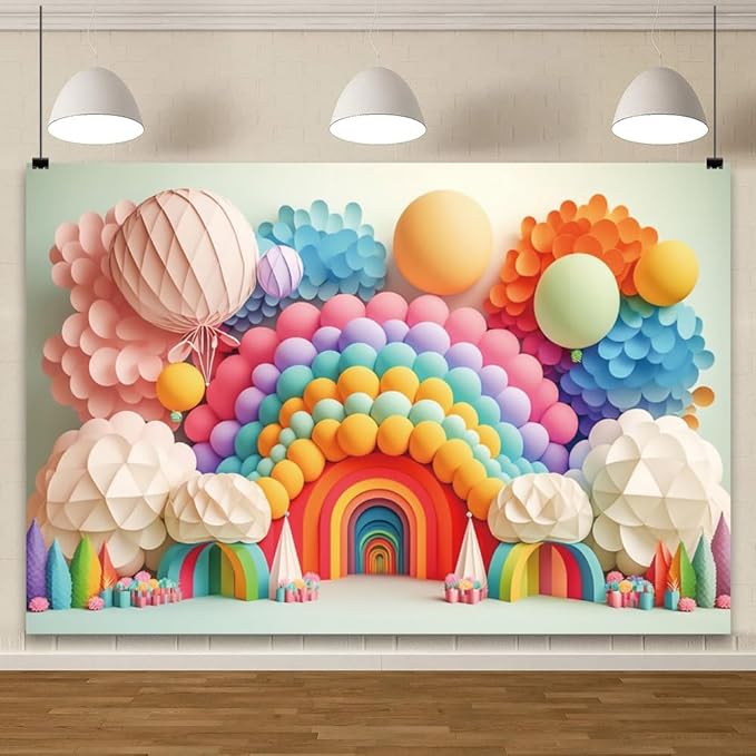 YongFoto Paper Flowers Backdrop 10x6.5ft Colorful Cut Paper Floral Blossom Rainbow Arch Hot Air Balloon Honeycomb Ball Photography Background Lovely Party Banner Home Decor Photo Studio Booth Props