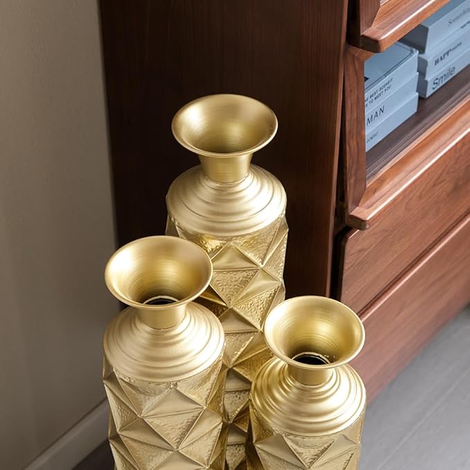 Floor Oversized Gold Metal Decorative Vase with 3D Triangle Pattern Set of 3 Large Vases for Home Living Room 33.5 ", 29.5 ", 25.2" High (Antique Gold)