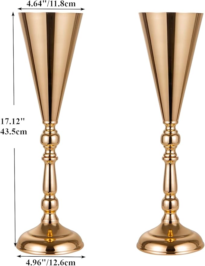 Set of 2 Tabletop Metal Wedding Flower Trumpet Vase Wedding Centerpiece Flower Vase for Wedding Event Decoration Living Decor Party Decor (Gold, 2×L)