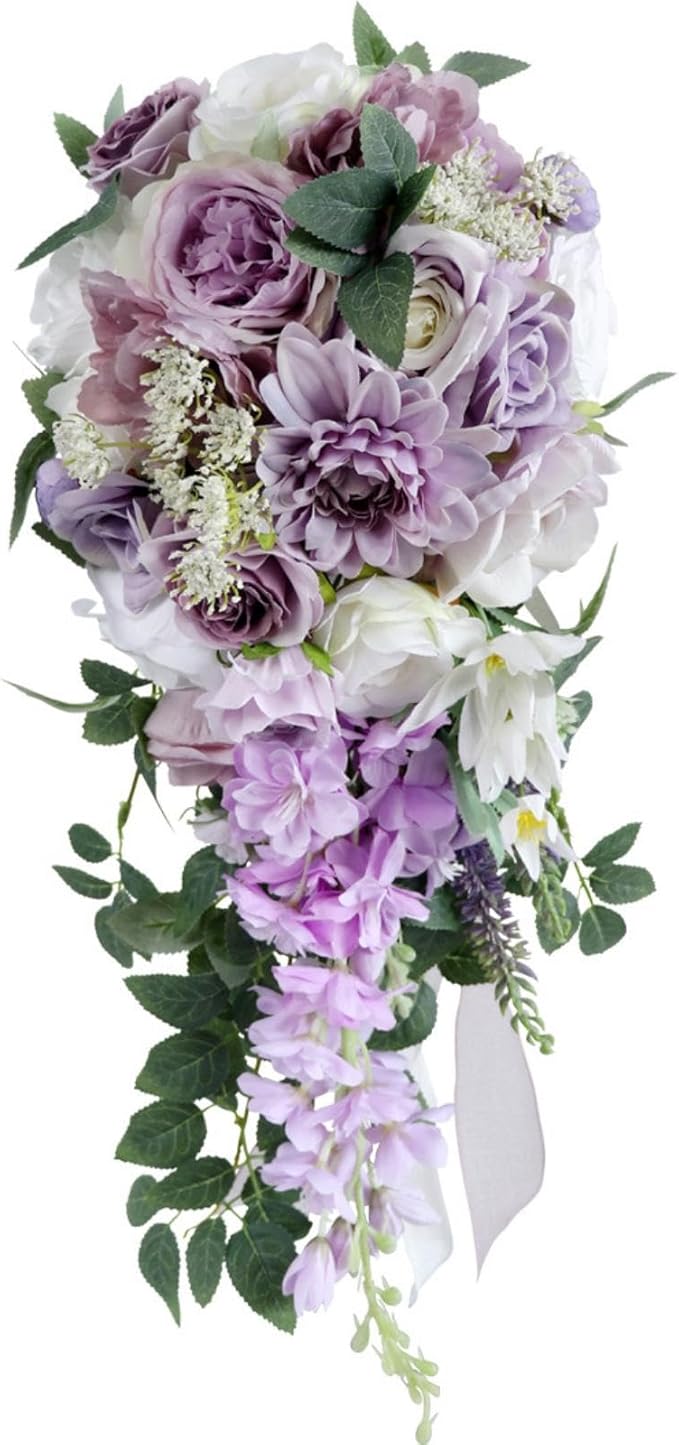 Bridal Bouquets for Wedding, Cascading Bouquets for Bride Lilac Purple Rose Artificial Bridal Bouquet for Wedding Anniversary Ceremony Bridal Shower Party Church Decoration