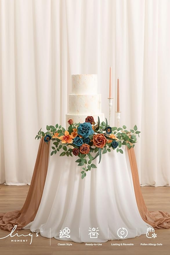 Ling's Moment Wedding Artificial Welcome Sign Flowers Swag Arch Floral Garland Decorations Teal Orange for Ceremony Reception Entrance Entryway Party Banquets Easel Wall Home Outdoor(NOT Include Sign)