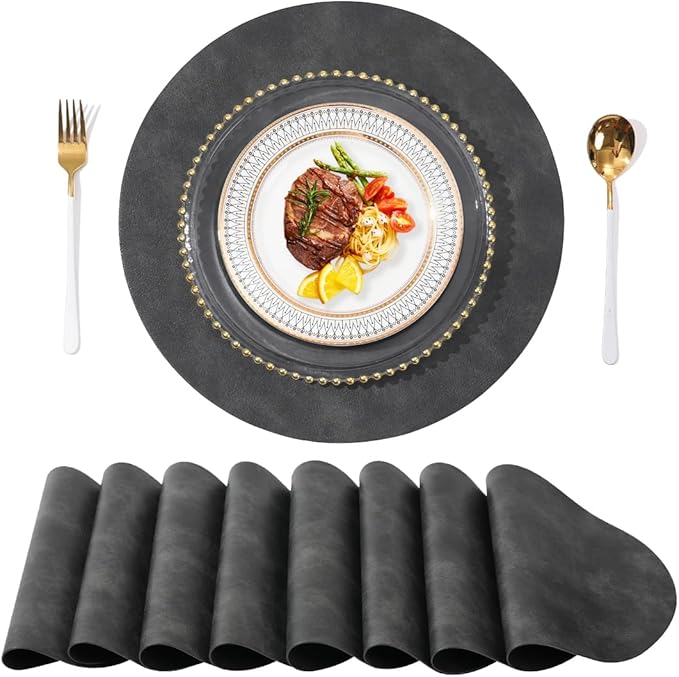 UnivoColors PU Leather Placemats Set of 8,15 Inches Round Washed Cowhide Pattern Table Mats for Dining Table, Kitchen, Party Decoration(Retro Black)