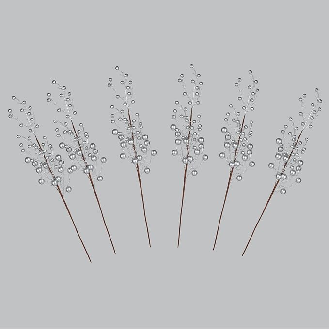 6 Picks Sliver Berry Twig Long Stems: Decorative Picks for Vases, Floral Arrangements, and Holiday Crafting (Silver)
