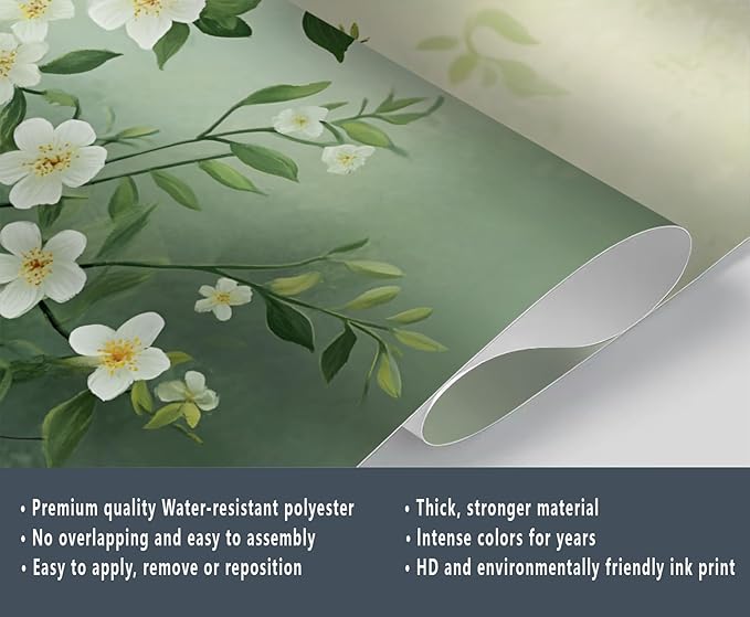Spring Blossom Floral Wall Mural, Minimalist White Floral 3D Wall Murals, Elegant Botanical Wallpaper Mural, for Living Room Bedroom Large Wallpaper Indoor Decor 169.3" W x118.2 H