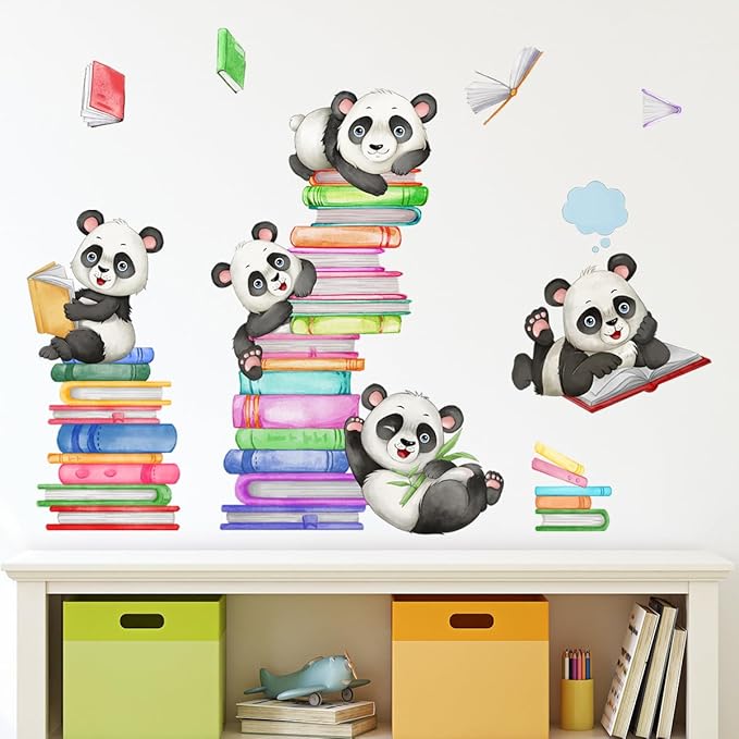Panda Wall Decals Animals Reading Books Wall Stickers for Baby Nursery Kids Bedroom Classroom Wall Decorations