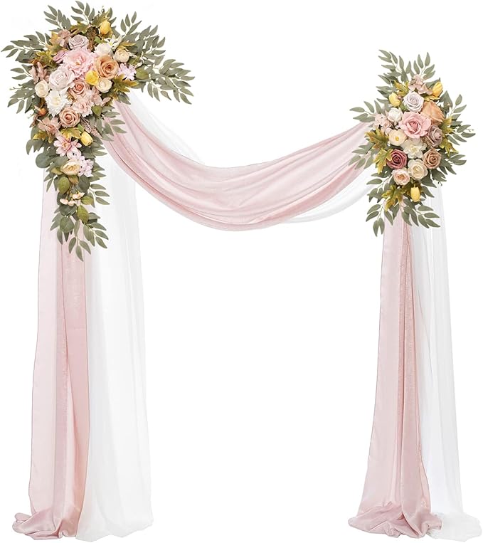 Wedding Arch, Artificial Flowers, Wedding Decor with Drapes (Set of 4)，Be Suited to Banquet, Party, Wedding Decor Ceremony and Background Decoration (Champagne Pink)