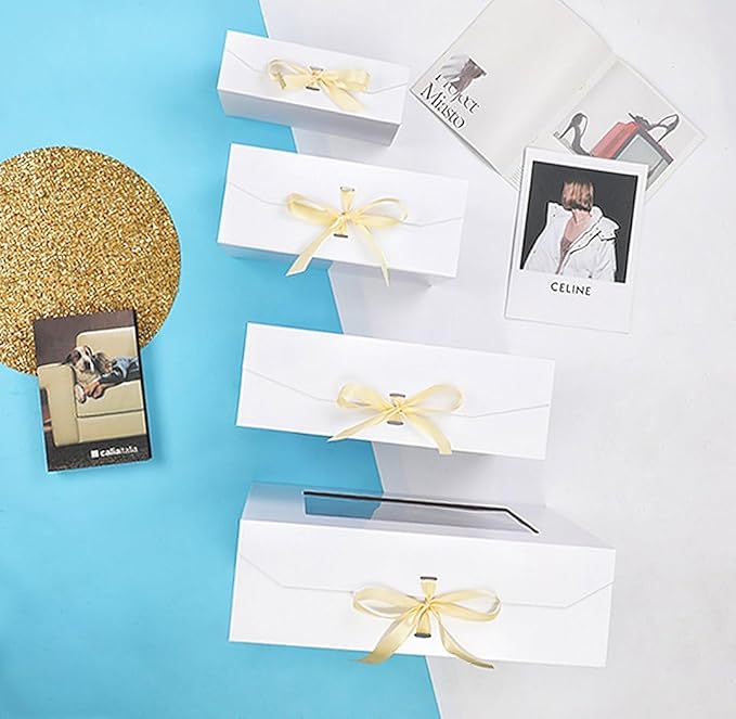 5 Pcs White Gift Box for Presents with Ribbon 13.2x11x5.3 Inches Clear Gift Box with Window Magnetic Closure Gift Boxes with Lids