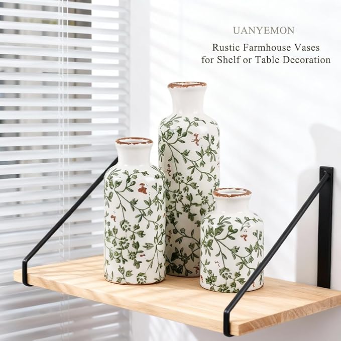 Ceramic Vase Set of 3 - Modern Chinoiserie Green Floral Decorative Vases for Home Decor, Rustic Farmhouse Boho Vases for Living Room, Mantel, Dining Table, Bookshelf, Kitchen or Entryway Decoration