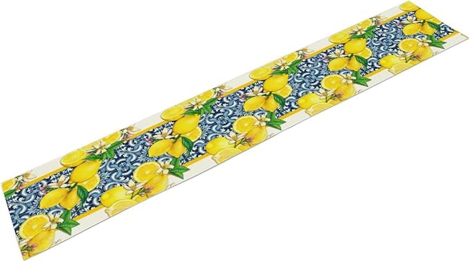 Lemon Table Runner,Summer Blue Tiles Lemons Kitchen Dining Table Decoration Lemons Table Cover for Indoor Outdoor Home Party Decor, 13 x36 Inch