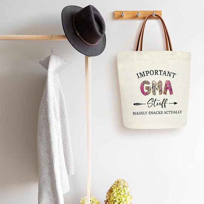 Canvas Tote Bag for Women, Important Stuff Bag with Leather Handle, Reusable Grocery Bags for Shopping Beach Travel