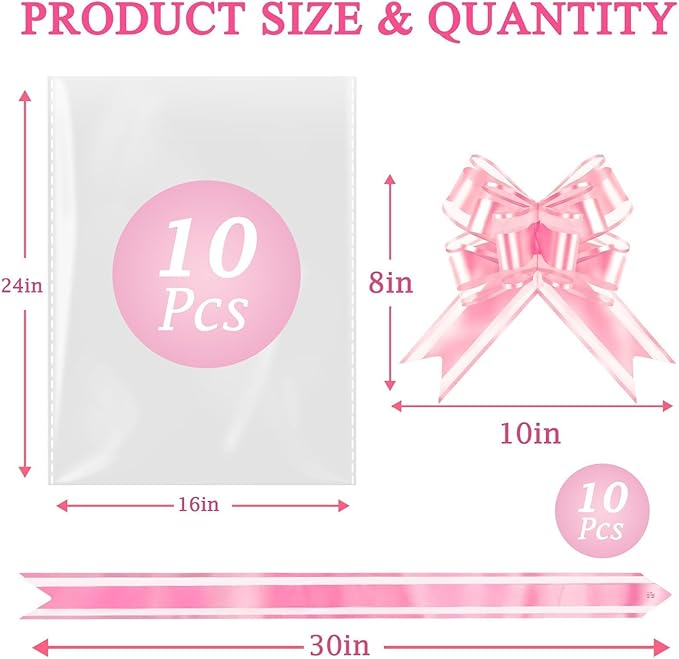 PigPotParty 16"x24" Clear Cellophane Gift Bags - Includes Pink Bows – 10 Pack Cellophane Wrap for Gift Baskets, Plastic Gifts Bags for Girl's Birthday, Baby Shower, Wedding, and Bridal Shower