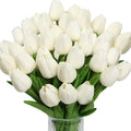 30pcs Tulips Artificial Flowers, Artificial Latex Real Touch Tulips Flowers Bouquet for Mother's Day Easter Wedding Party Home Decor-White