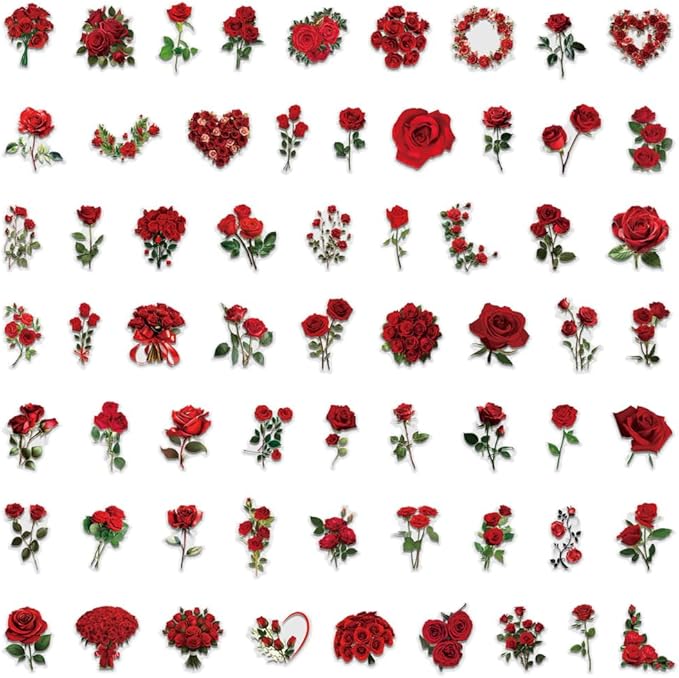 50PCS Red Rose Stickers, Vintage Aesthetic Transparent PET Decals, Waterproof Floral Stickers for Scrapbook, Journal, Water Bottles, Phone Cases, Laptops, DIY Crafts & Gift Deco