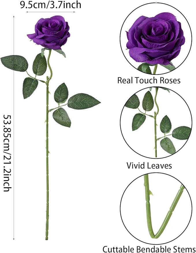 LFF 10pcs Silk Roses Artificial Flowers Fake Long Stem Roses for DIY Wedding Bouquet Home Decoration (Purple)