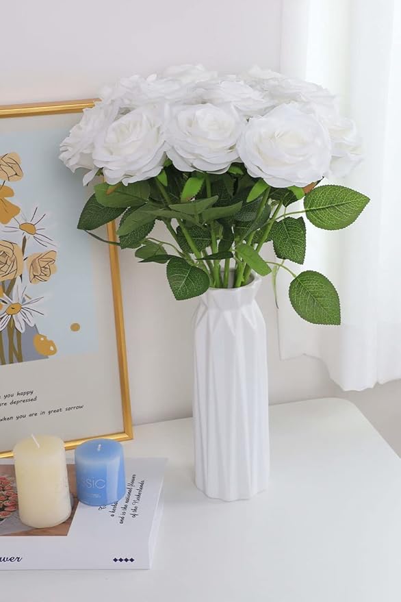 Artificial Rose Flower White Flowers White Roses Silk Flowers 12 pcs with Long Stem Silk Roses Bouquet for Wedding Bridal Shower Party Home Decoration