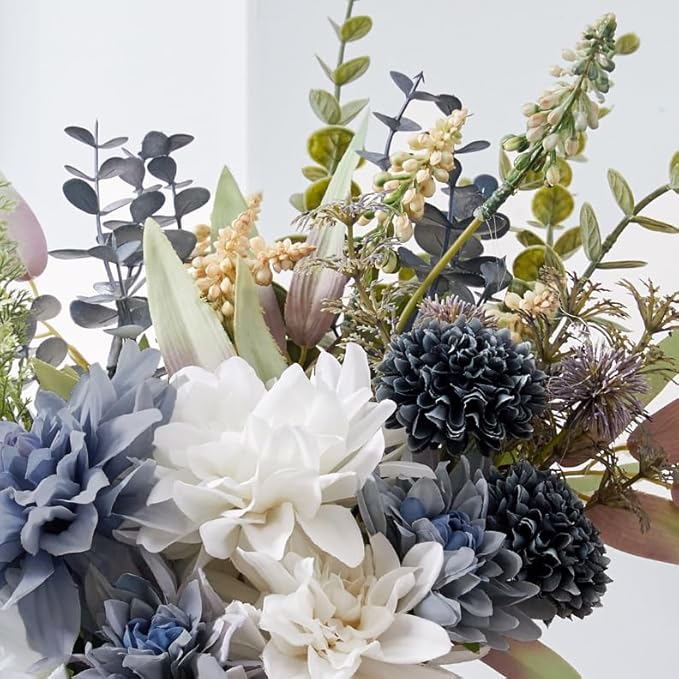 Wracra Artificial Flowers in Vase, Silk Fake Flowers in Vase, Faux Flowers Table Centerpieces for Dining Room, Bathroom Farmhouse Kitchen Coffee Table Decor (White Blue Dahlia)