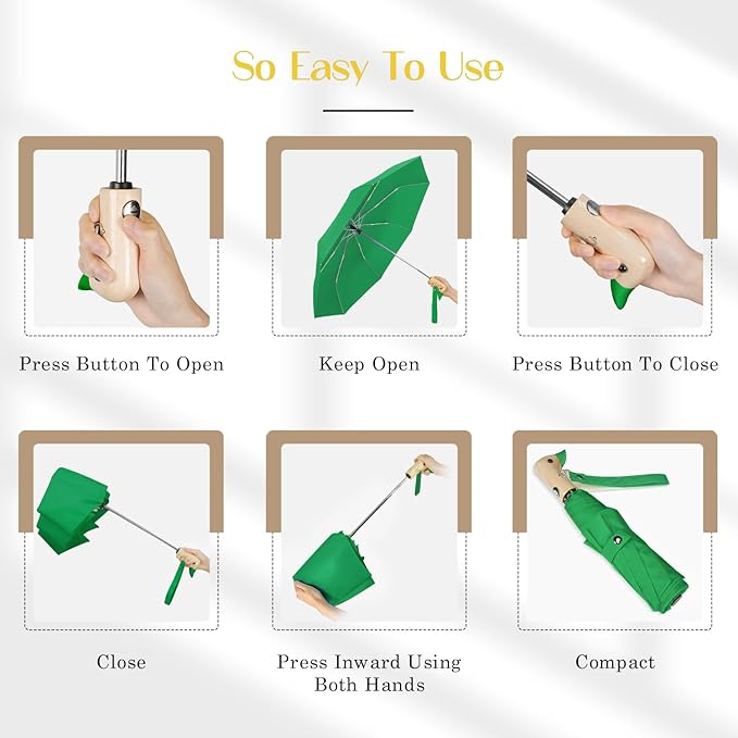 Cute Duck Umbrella Automatic - Compact Pretty Pocket Size Strong Duck Collapsible Umbrella Yellow Wooden Handle for Women