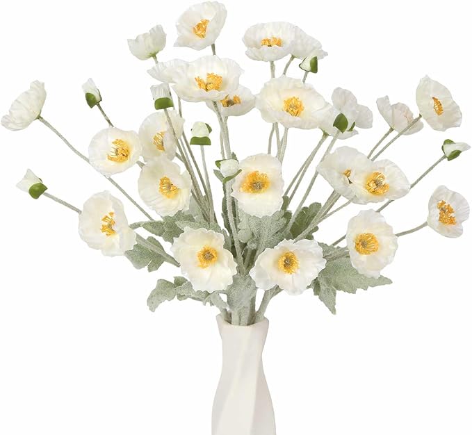 White Poppy Flowers Artificial,8PCS Fake Poppies 22.8" Realistic Silk Flowers with Stems for Wedding Party Table Centerpiece Home Decor(White)