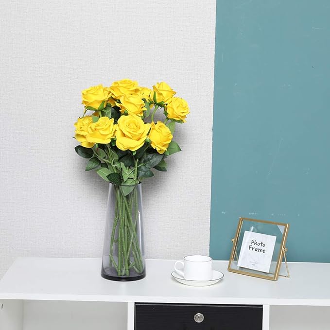 Nubry Artificial Silk Rose Flower Bouquet Lifelike Fake Rose for Wedding Home Party Decoration Event Gift 10pcs (Yellow)