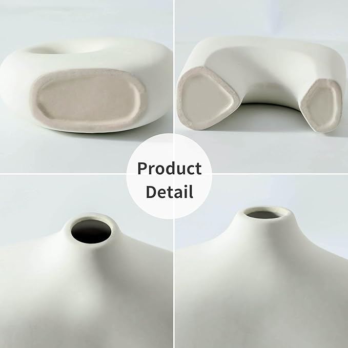 Ceramic Vase Set of 2, Modern Donut Vases for Minimalist Nordic Home Decor, Waterproof Round Vase, Decorative Centerpiece Vases for Room, Entryway, Bookshelf, Table Decor (Matte OffWhite)