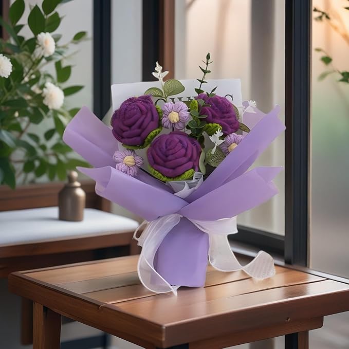 Handmade Rose Bouquet Crochet Flowers Bouquet Rose Knitted Flowers Present for Valentine's Day Wedding Graduation Anniversary Birthday(Medium-Dark Purple Rose)