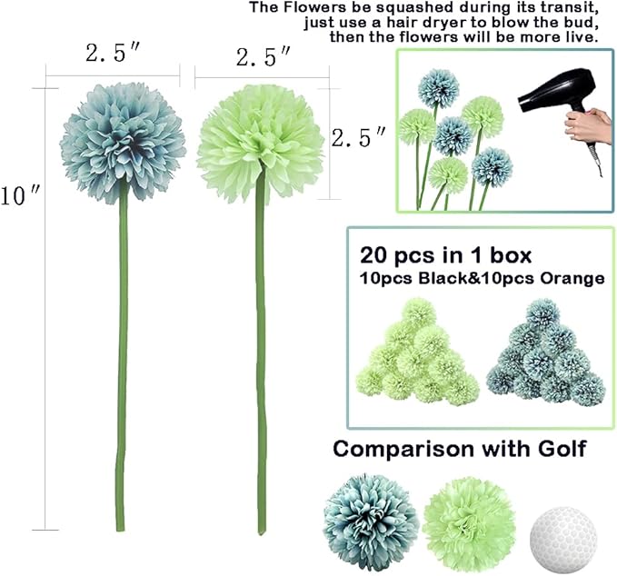 20Pcs Artificial Fake Flower Plants Silk Chrysanthemum Ball Hydrangea Arrangements Wedding Bouquets Decor Home Kitchen Garden Party Table Floral Centerpieces DIY (Blue&Green)