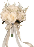 Wedding Bouquets for Bride, Champagne White Bridal Bridesmaid Wedding Flowers, Artificial Toss Rose for Civil Ceremony (Hollow Lace Ribbon Handle)