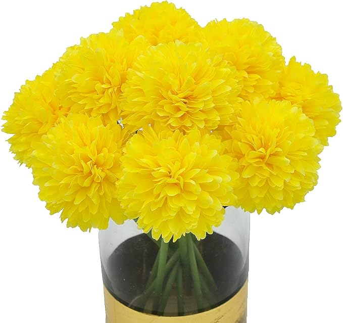 10Pcs Artificial Fake Flower Plants Silk Chrysanthemum Ball Hydrangea Arrangements Wedding Bouquets Decor Home Kitchen Garden Party Table Floral Centerpieces DIY (Yellow)