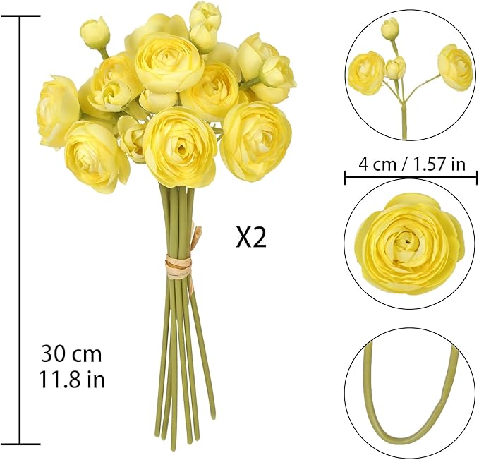 IPOPU Artificial Ranunculus 2 Bouquets Small Yellow Artificial Flowers 12PCS Faux Ranunculus Flowers for Vase Filler Bouquet Wedding Decor Bridal Shower Floral Filler Flowers Centerpieces (Yellow)