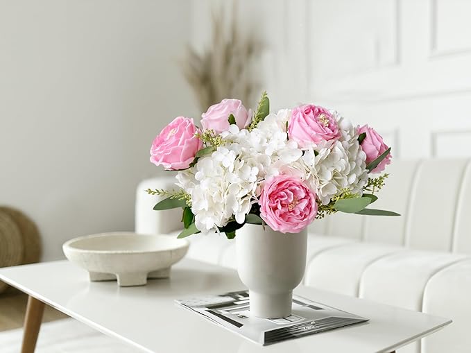 YalzoneMet 3.5'' Big Bloom Rose Artificial Flowers Pink 4Pcs Real Touch Rose Faux 17.7 Inch Long Stem Austen Roses Peonies Fake Flowers for Home Kitchen Party Christmas Flower Wedding Decor