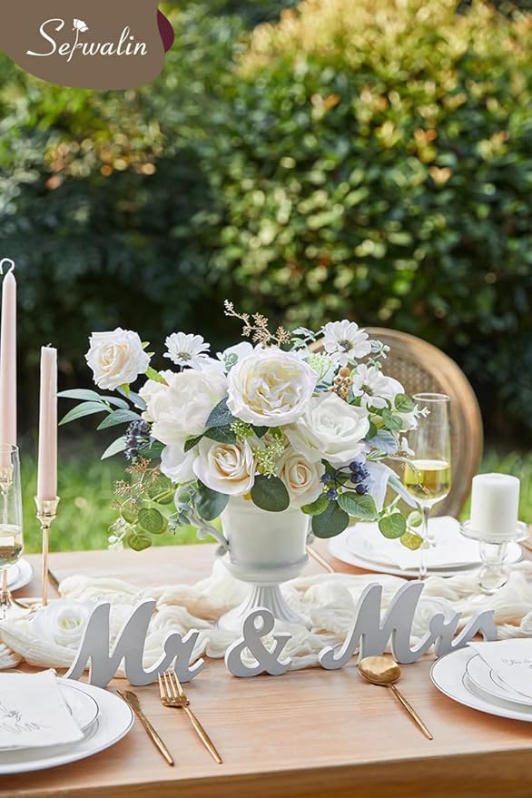 Serwalin Artificial White Flowers for Wedding, Silk Flowers Cake Decoration, Fake Flowers for Centerpieces Bouquets White Roses Peonies, Bridal Shower DIY Christmas