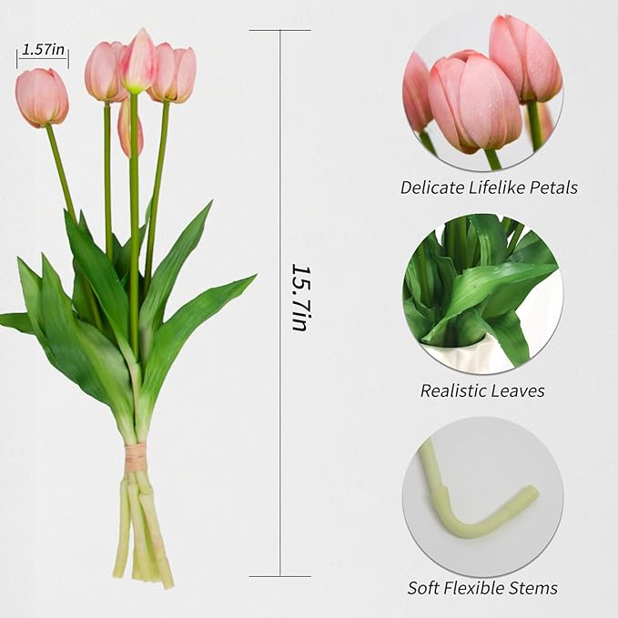 10 Pack Real Touch Tulips Artificial Flowers, 15.7 Inch Bendable Latex Tulips - No Maintenance Faux Flowers for Vase, Home Decor, Wedding Centerpiece (Pink)