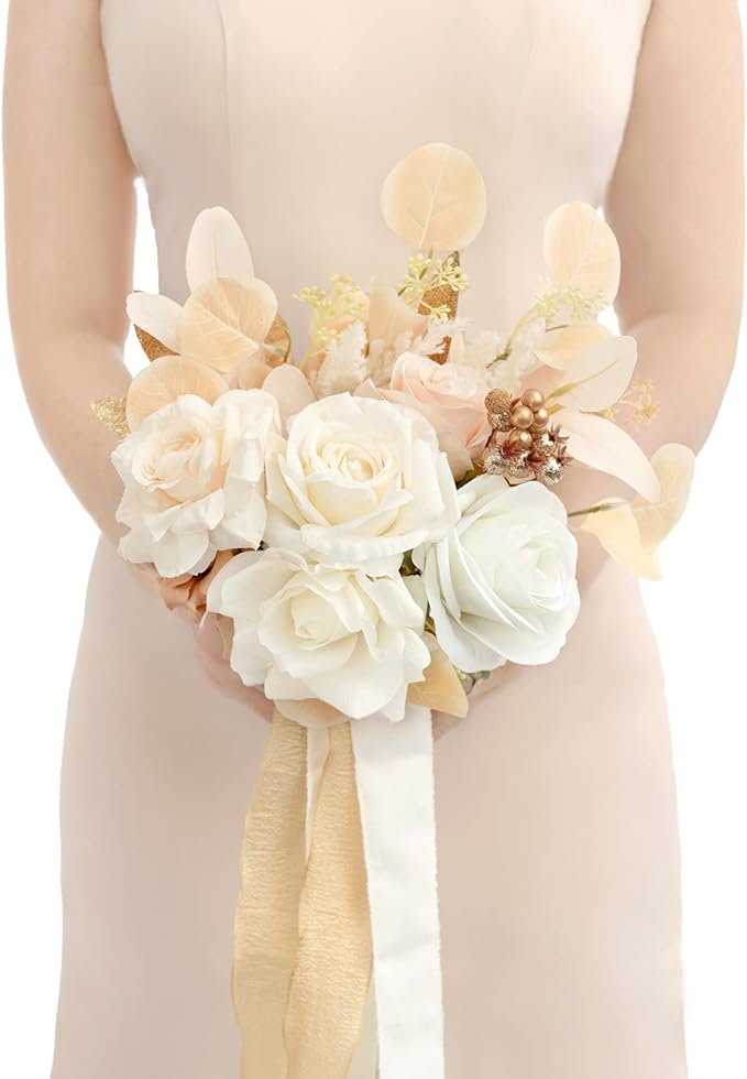 Ling's moment Artificial Flowers Boho Bridesmaid Bouquet, White Beige Wedding Flowers Bouquets for Bridesmaids, 7 Inch Bridal Bouquets for Bridesmaids, Wedding, Ceremony, Anniversary, etc