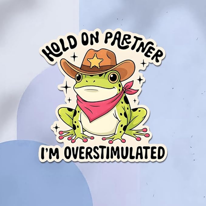 HANDICHI Design 5-Pack 4 Inch Hold On Partner I’m Overstimulated Stickers – Funny Meme Vinyl Decals for Water Bottles, Laptops, Journals, Scrapbooks – Sarcastic Gift for Frog Lovers