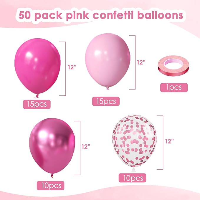 Pink Confetti Balloons Set, 50pcs 12 Inch Metallic Hot Pink Balloons, Light Pink Latex Party Balloon with Pink Ribbons for Girls Women Birthday Bridal Shower Wedding Princess Party Decorations